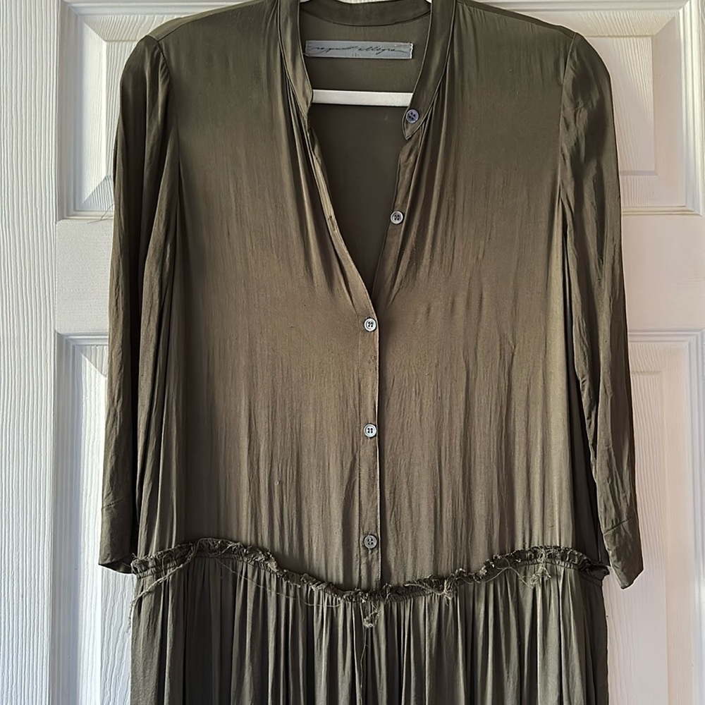Designer Raquel Allegra Baggy Distressed Shirt Dress Olive 2